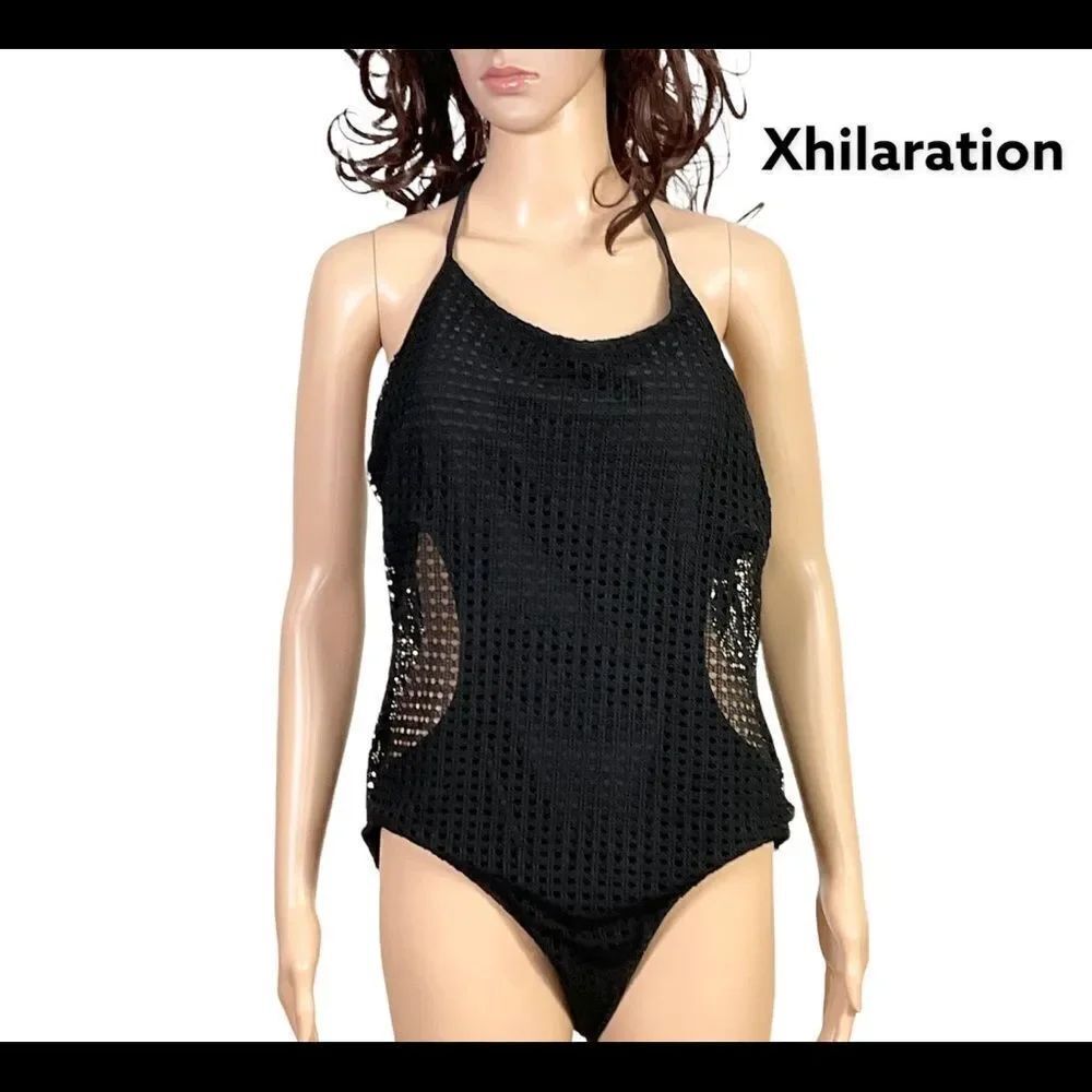 NEW Xhilaration black mesh overlay cutout sides one piece swimsuit XL